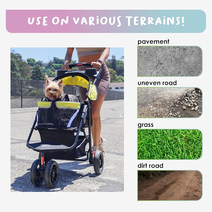 Petique Revolutionary Durable Pet Stroller, Easy Fold, Quality mesh Windows, Large Storage Basket, Secure Cup Holder Tray, Small/Medium Dogs, Cats and Pets, Supports up to 55LBS - Sunshine (Yellow)