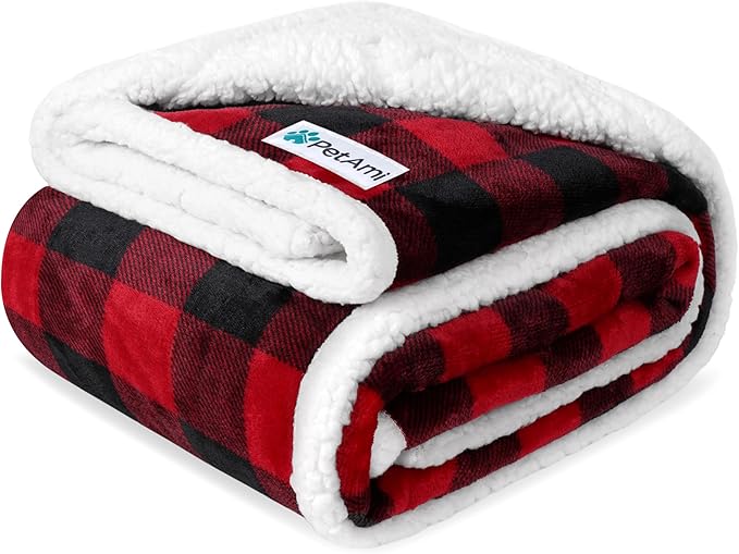 PetAmi Waterproof Dog Blanket for Medium Large XL Dog Puppy Cat Throw for Couch Cover Leakproof Protection, Sherpa Fleece, Reversible Soft Washable 80x60 Checker Plaid Red