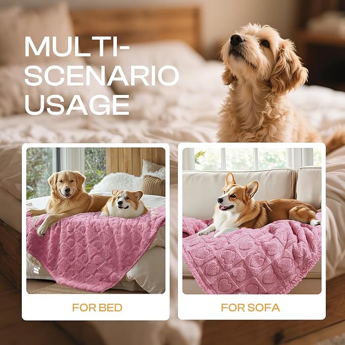 Luciphia Waterproof Dog Blanket for Medium Large Dogs Washable Bed Couch Protector Soft Fluffy 3D Heart Jacquard Pet Blanket with Sherpa Fleece Cozy Calming Throw Blankets，Pink 57x40 inch