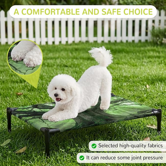 Outdoor Elevated Dog Bed for Large Dogs, Green Trees Breathable Cooling Raised Dog Cot for Indoor/Outdoor, Sunlight Forest Branches Nature Scenery Waterproof Elevated Pet Beds, L 28 x 22 in