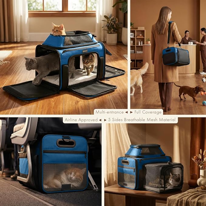 Top and Side Expandable Pet Carrier with Treat & Pet Window,18x11x11 Inch Delta American United Airline Approved,Soft-Sided Dog Carrier for Small Dogs and Cats,Travel Cat Carrier with Self-Locking