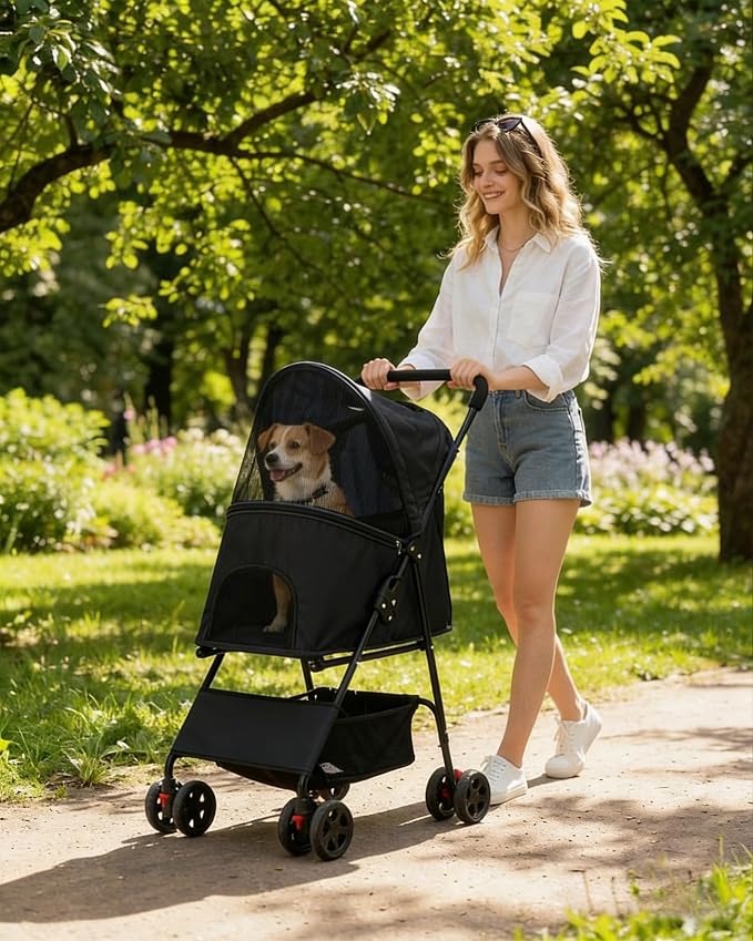 Pet Stroller for Small Medium Dogs Cats - Lightweight Foldable Dog Stroller | 33lbs, 4 Wheels All Terrain Cat Stroller, Breathable Mesh & Safety Tether, Storage Basket for Outdoor Walks-BLACK