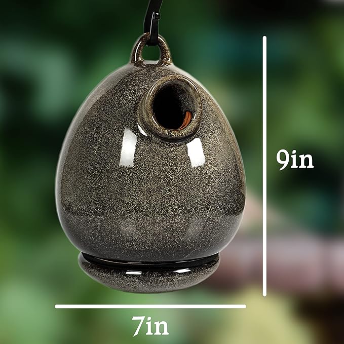 Byer of Maine Egg Bird Home for Small Songbirds, Sandy Granite, High Fired Porcelain Stoneware, Ceramic Bird House, Glaze Finish, with Forged Steel Hook