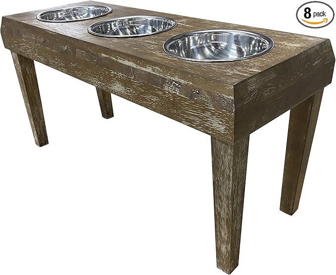 | 3 Bowl Dog Feeder - Aluminum Bowls - Washed Oak Finish - Raised Dog Feeder - 16 inch Tall - Brown