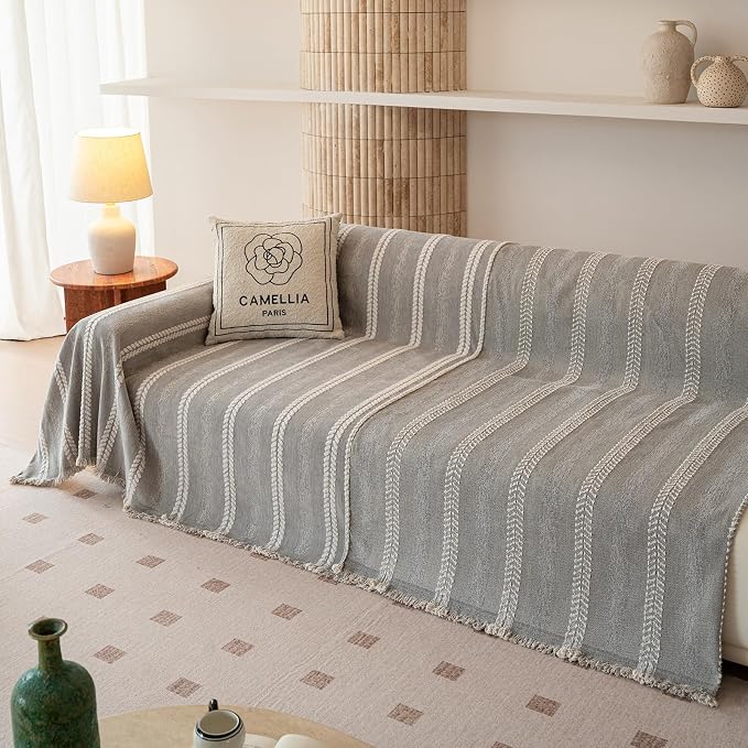 VClife Chenille Sofa Cover Bohemian Striped Pattern Couch Cover for 2 Cushion Sofa - Gray Creamy White Textured Sofa Slipcover Washable Furniture Protector for Couch Decorative Couch Cushion Cover