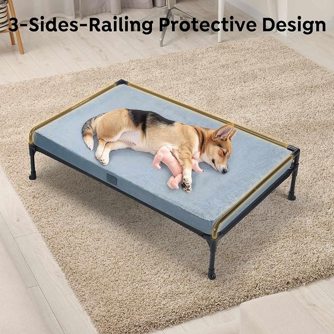 Veehoo Elevated Raised Dog Bed+Removable Dog Cot Mat-Cooling Outdoor Large Pet Bed Three-Sided Guardrail Raised Pet Cot Hammock Bed with Bolster-35 x 22" Black