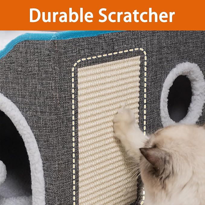 Loyareal Cat Houses for Indoor Cats - Large Cat Bed Cave with Scratch Pad and Fluffy Ball, Foldable Cat Condo Hideaway with Reversible Cushion for Multi Small Pet, Light Grey