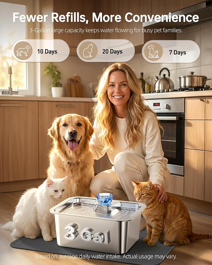 Dog Water Fountain with Silicone Mat - 3 Gallon Stainless Steel Pet Water Fountain with 6 Filters, Quiet Automatic Bowl Dispenser Drinking Waterer for Large Dogs & Multi-pet, Easy to Clean, Indoor Use