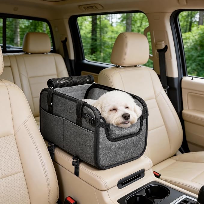 YUDODO Large Dog Car Seat for Center Console 10-18lbs, PU Booster Bed | Portable Puppy Cat Seat, Waterproof, Wipe Clean, Safe & Durable, Side Pockets, for Truck & SUV-Width>9.5in, Anti-Slip, Gray
