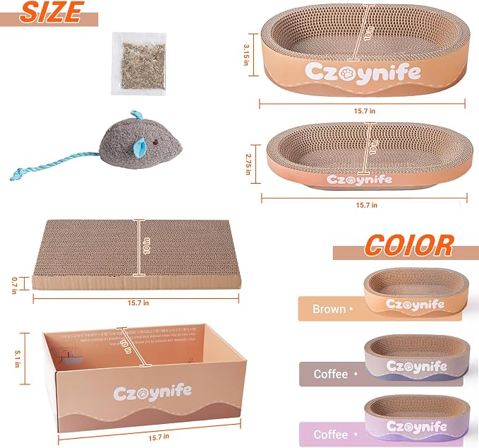 3PCS Cat Scratcher Cardboard, Oval Cat Scratch Pad Bowl Nest for Indoor Cats, Round Cat Scratching Board Corrugated Lounge Cat Bed, Furniture Protector for Couch (Brown, 15.7 * 10 in)