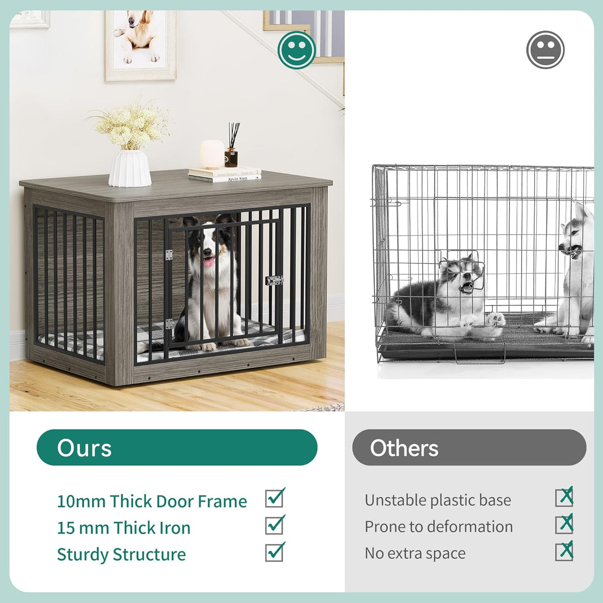 YITAHOME Dog Crate Furniture for Large Dogs, Side End Table, Modern Dogs Kennel Indoor up to 60 lb, 2-in-1 Iron-Wood Fusion Dog Cage with Waterproof Top, Safety Corners, Steel Lock,38" L,Greige