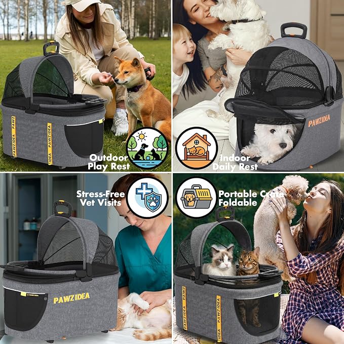 PAWZIDEA Pet Stroller 4-in-1, Foldable Dog Stroller with Detachable Carrier for Small Medium Dogs & Cats, Escape-Proof No-Zip Canopy, Lightweight Portable Travel Crate & Car Seat Combo, Storage Basket