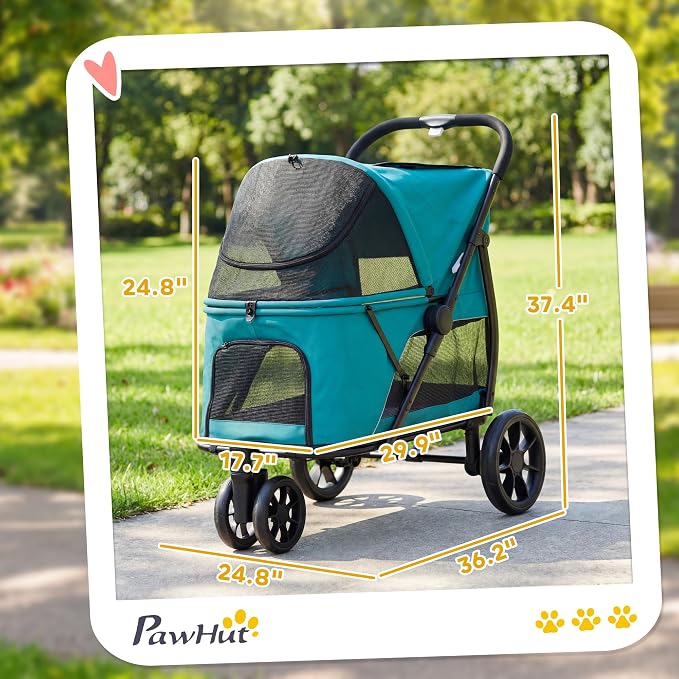 PawHut 3 Wheel Pet Stroller, Dog Stroller Dual Entry, Easy One-Click Quick Fold, All-Terrain Wagon Cart with Air Mesh, Washable Cushion, for Small and Medium Dogs and Cats Up to 44 lbs, Dark Green