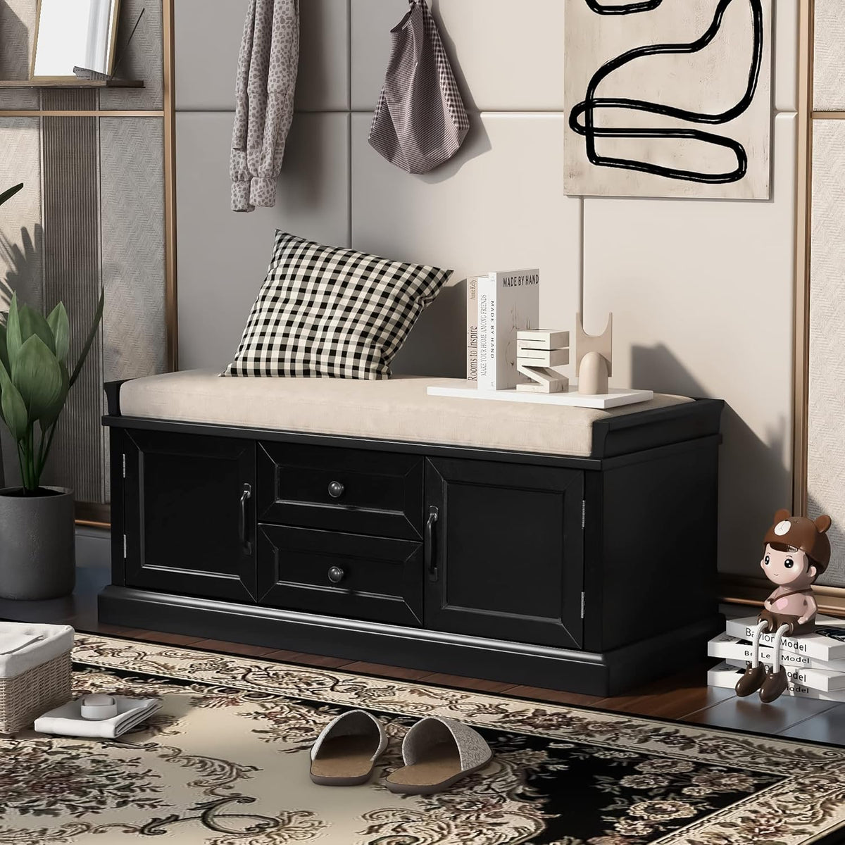 Storage Bench with 2 Drawers and 2 Cabinets, Pine Wood Shoe Bench with Removable Cushion for Living Room, Entryway 42.5" L x 15.9" W x 17.5" H (Black)