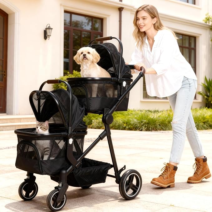 Foldable Double Pet Stroller for 2 Small Medium Cats Dogs | Convertible single/double | Detachable carriers | All-terrain wheels & shock | Safety brakes & tether | Breathable oxford