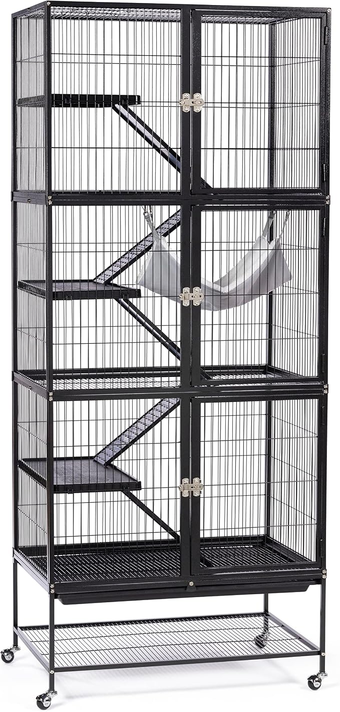 Prevue Pet Products Ferret Stack Six Story Ferret Home - Portable Stand, Escape Proof Lock, Includes Hammock & Ramps, Expandable Six Story Cage Stacking System with Wheels - Black