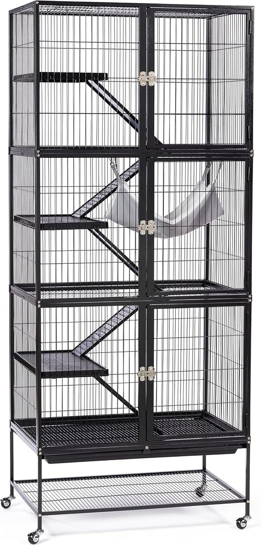 Prevue Pet Products Ferret Stack Six Story Ferret Home - Portable Stand, Escape Proof Lock, Includes Hammock & Ramps, Expandable Six Story Cage Stacking System with Wheels - Black