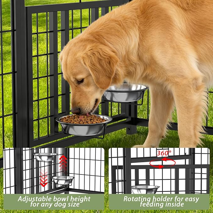 LOVMOR 4' x 4' Outdoor Dog Kennel with Roof for Large Dogs | Heavy duty steel frame, waterproof canopy, double latch door, adjustable feeding bowls for yards and patios