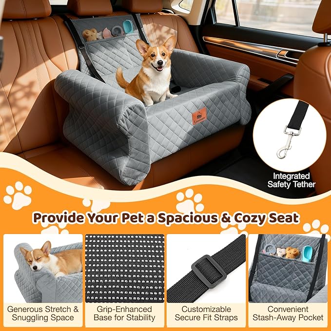 Dog Car Seat for Medium/Large Dogs up to 60 lbs, Pet Car Seat for Back, Memory Foam Dog Booster Seat with Thick Cushion, Detachable Washable Cover, Storage Pockets for SUV, Pick Up, Trunk, Grey
