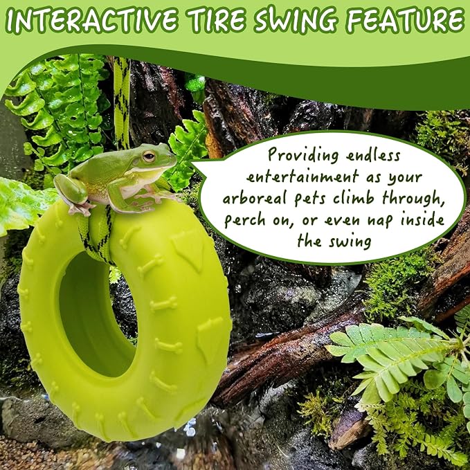 Tree Frog Habitat Toy Plastic Leaf Decorations Tire Swing Habitat Miniature with Suction Cups Frog Habitat Platform Terrarium Decor Accessories for Crested Geckos, Leopard (Green)