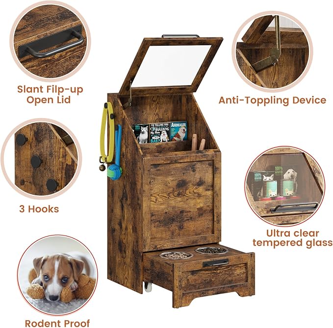 Dog Feeding Station with 2 Elevated Bowls | Pet Feeding Station,Flip Top Dog Food Storage Cabinet, Food Storage Container,Pet Toy Organizer,Modern Organizer, Brown