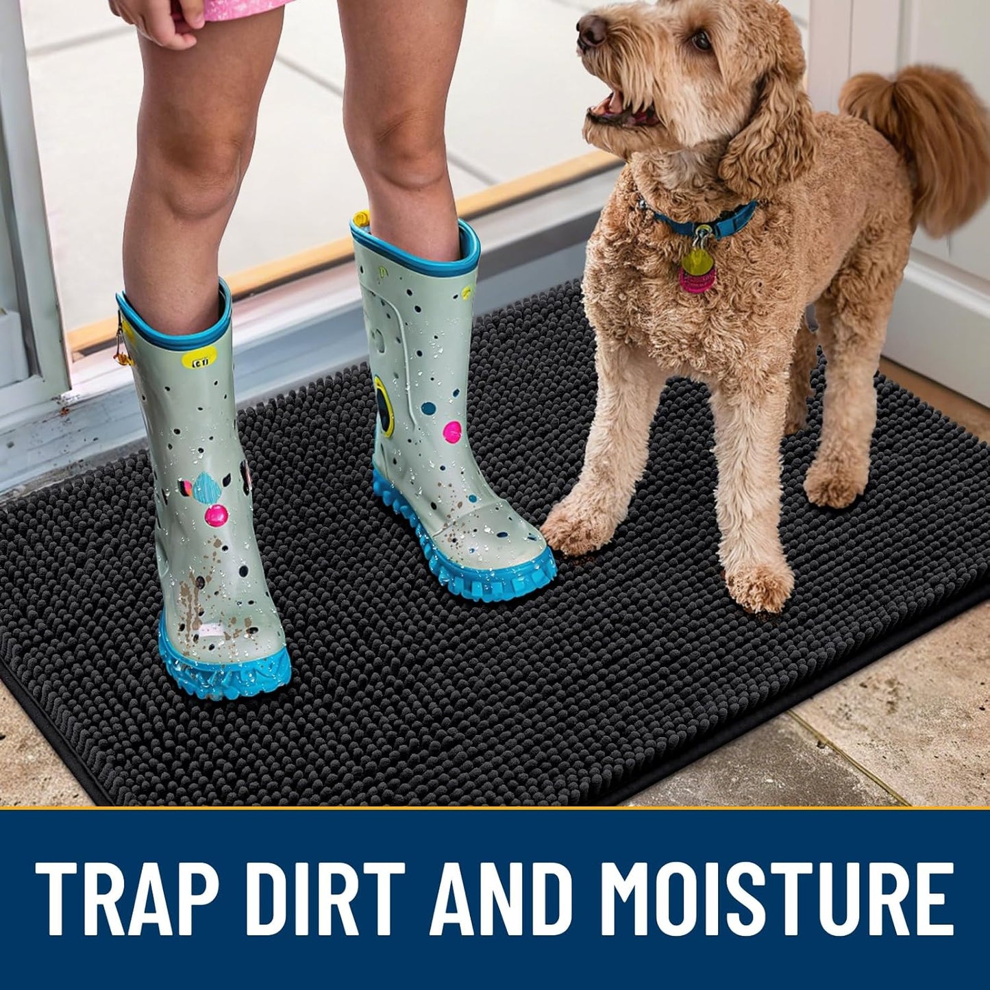 Smiry Dog Door Mat for Muddy Paws 71x46, Absorbs Moisture and Dirt Doormat, Non-Slip Washable Quick Dry Chenille Front Door Mat Indoor Entrance, Entryway Carpet for Inside Floor, Black