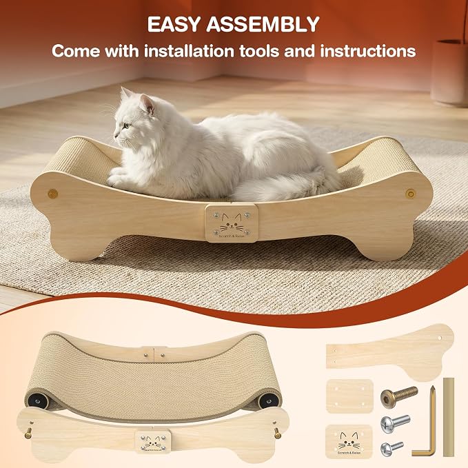 NOCOEX Sisal Cat Scratcher Bed: Wood Scratch Board Hammock for Indoor Cats | Natural Solid Wood Curved Frame Lounger Sleep Scratching Pad Post Large Cats 45 lbs, Easy Assembly Modern Furniture Protector