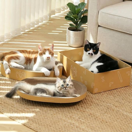 FUKUMARU 3PCS Cardboard Cat Scratcher Bed, Durable Oval Cat Scratch Pads | Round Cats Scratching Board Set, Large Scratcher Box for Indoor Cats, Kitten Scratcher Bowl, Couch Sofa Furniture Protector