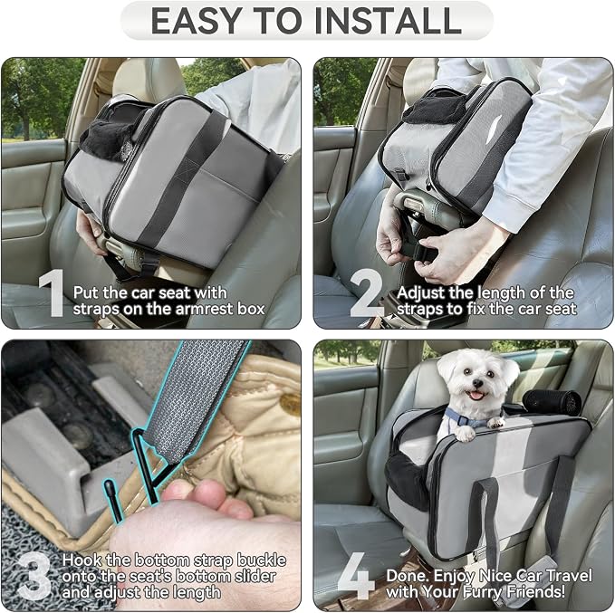 PETSFIT Multipurpose Console Dog Car Seat, Portable Small Dog Car Seat for Dogs, Cat Carrier, Pet Carrier Airline Approved with Safety Tether and Pockets (Light Grey)
