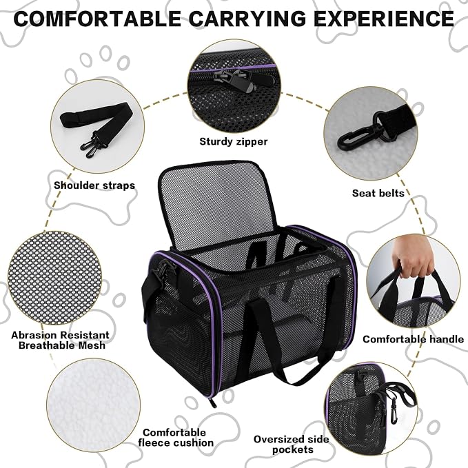 Cat Carrier, Soft-Sided Pet Carrier Bag, Breathable Mesh, Black (Purple, 20 * 13 * 13)