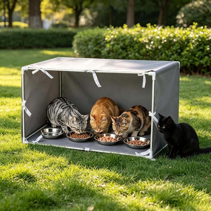 Outdoor Cat Feeding Station with 4 Bowls, Waterproof Cat Dining Room Covered for Multiple Stray, Feral Cats, Dogs, Care for Stray Animals, Large 35"x 17"x 17"