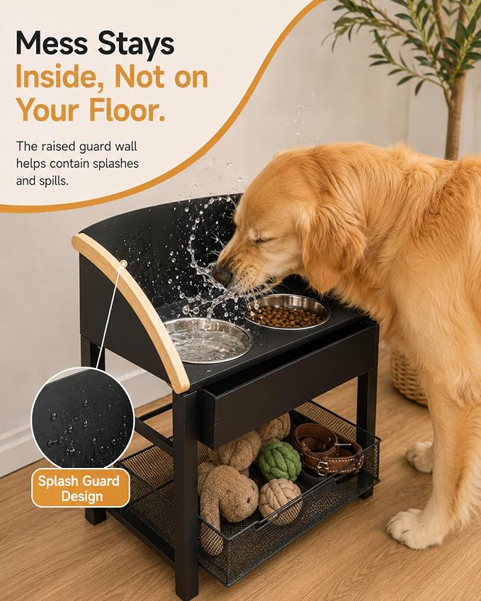 Elevated Dog Bowls for Large Breed Dogs with Storage Basket, 13 Inch Tilted Raised Dog Bowl Stand with Stainless Steel Bowls, Metal Dog Feeding Station