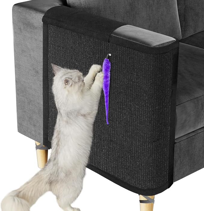 Cat Scratch Couch Protector,Cat Scratch Sofa Armrest Cover with Sisal Mat and Toy for Cats,Sofa Scratcher Furniture Protector 23.6’’L*19.7’’W (Black/Right Hand)
