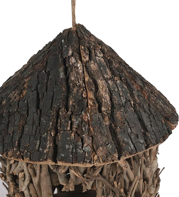 Twig-Covered Cylinder Birdhouse Squirrel House, 2.4" Entry for Medium Birds, Natural Branch Exterior & Waterproof Interior, Woodland Garden Backyard Decor
