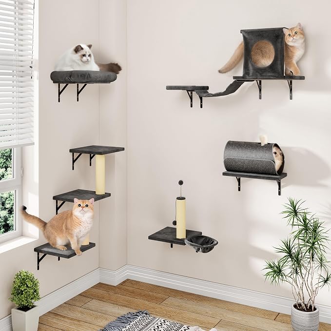 Cat Wall Shelves, 7-in-1 Wall Mounted Cat Climber Set, Indoor Cat Furniture – Includes House, Tunnel, Bridge, Steps, Scratcher, Hammock, Shelves, Dark Gray