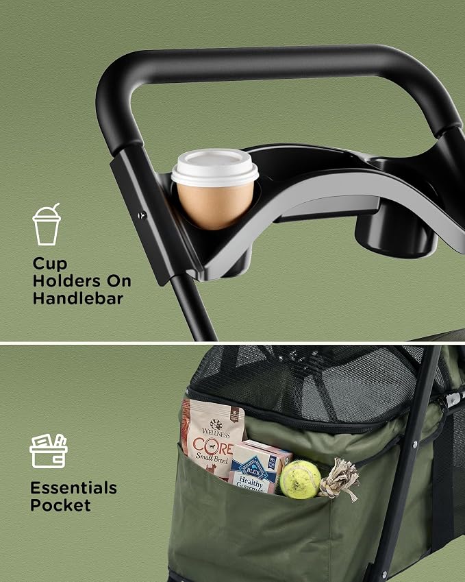 GTPLAYER Foldable Pet Stroller for Small Dogs and Cats, Holds Up to 33 lb, 4-Wheel Stroller with 2 Safety Tethers, Breathable Mesh, Lockable Front Wheels, Cup Holder/Tray & Storage Pocket, Dark Green