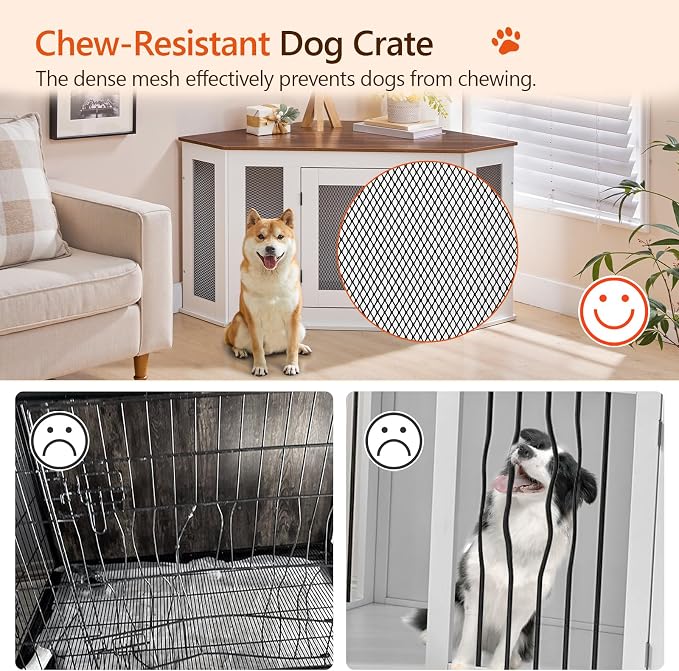 MAHANCRIS Corner Dog Crate Furniture, Wooden Dog Kennel End Table, Decorative Pet Crate Indoor Use, Furniture Style Dog House for Small Medium Dog, Dog Cage TV Stand, White and Walnut DCBA0801