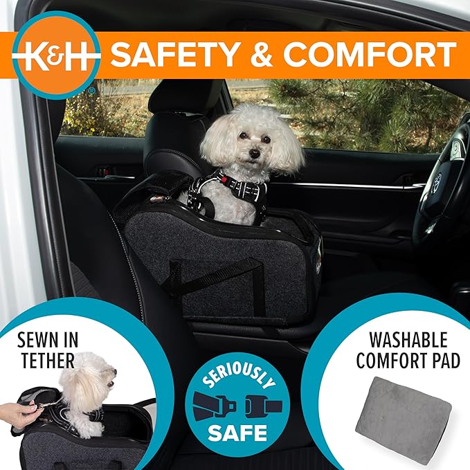 K&H Dog Car Seat, Portable Pet Center Console Seat, for Pets Under 8 lbs. | Secure Armrest Booster Cat Carrier with Safety Tether, Zippered Enclosure, 2 Pockets, Washable Plush Pad, 15x10x9.5, Charcoal