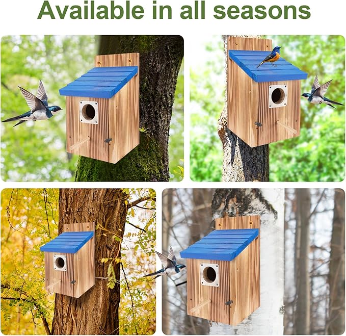 4-Piece Outdoor Bird House Set, Bird Houses for Outside with Metal Guards, Safety Locks, Flight Slots, & Ventilation, Bluebird Houses with 1-1/2" Entrance for Bluebirds, Wrens, Finches-Blue