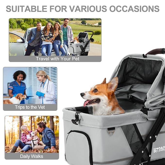 No-Zip Pet Stroller for Small Dogs & Cats, 44 lb, Gray | No-Zip Canopy, 44 lb Capacity, Reflective Trim, 2 Tethers, Lockable Front Wheels, Rear Brake and One-Hand Fold