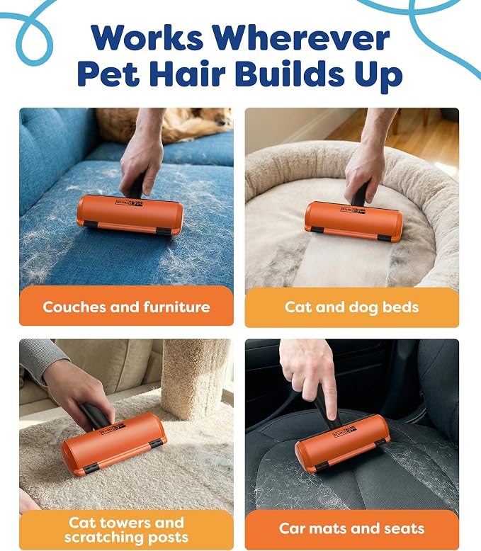 Triton Pet Hair Removal Tool w/Fur Trapping Compartment, 60% Smaller Storage Size, Reusable Shedding Roller, Cat and Dog Hair Remover for Car, Furniture, Carpet, Couch (Orange)