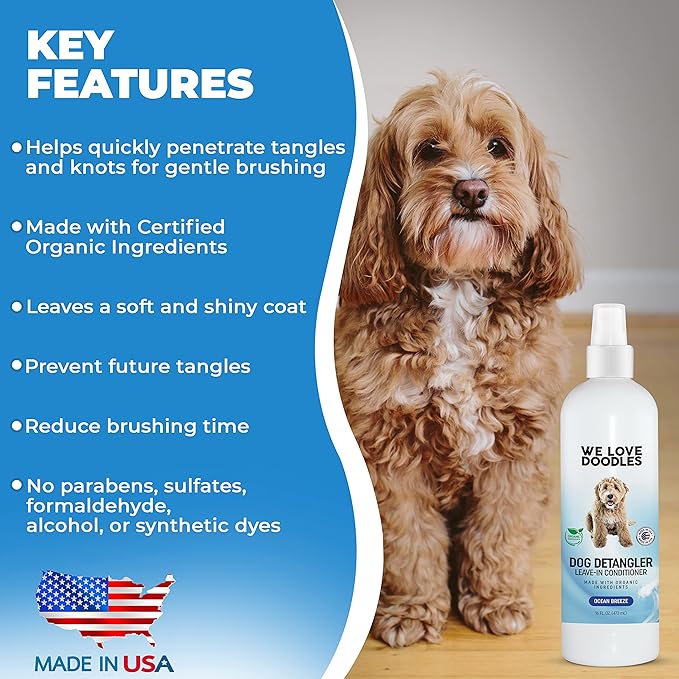 We Love Doodles Dog Dematting Brush & Rake, Dog Detangler Spray (Ocean Breeze) for Dogs, Bundle - Stainless Steel Blades - Made in the USA
