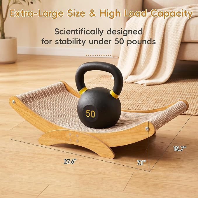 Extra-Larger Sisal Cat Scratcher Bed, Furniture Protector for Indoor Cats | Wood Frame Scratch Pad, 27.6" Natural Sisal Scratch Post, Modern Cats Lounger/Hammock, Easy Assembly