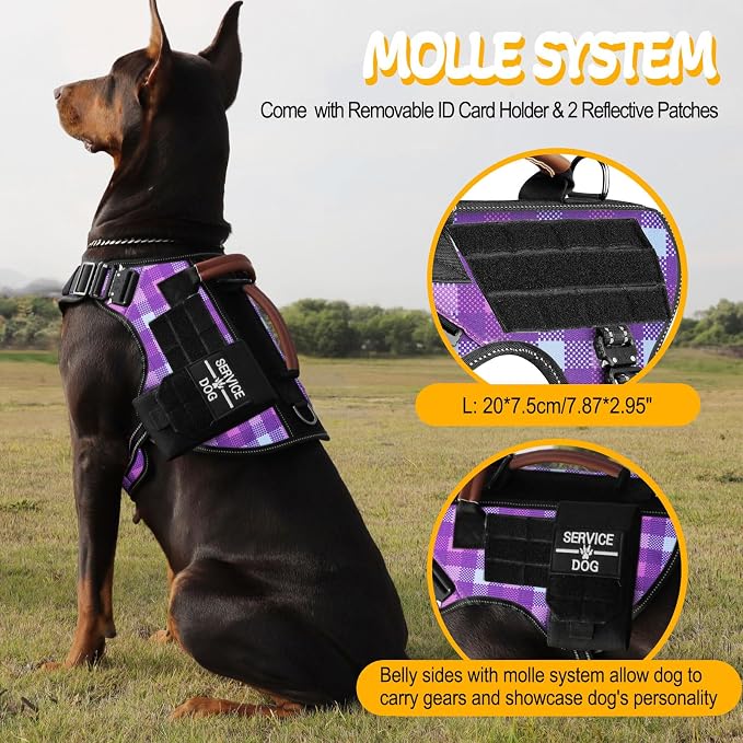 Tactical Dog Harness - HEYCAHVA Service Dog Vest Full Metal Buckles Dog Vest for Medium Large Dog Reflective No Pull Dog Harnesses Vest with Leather Handle, Hook & Loop for Hiking Training (Purple, L)