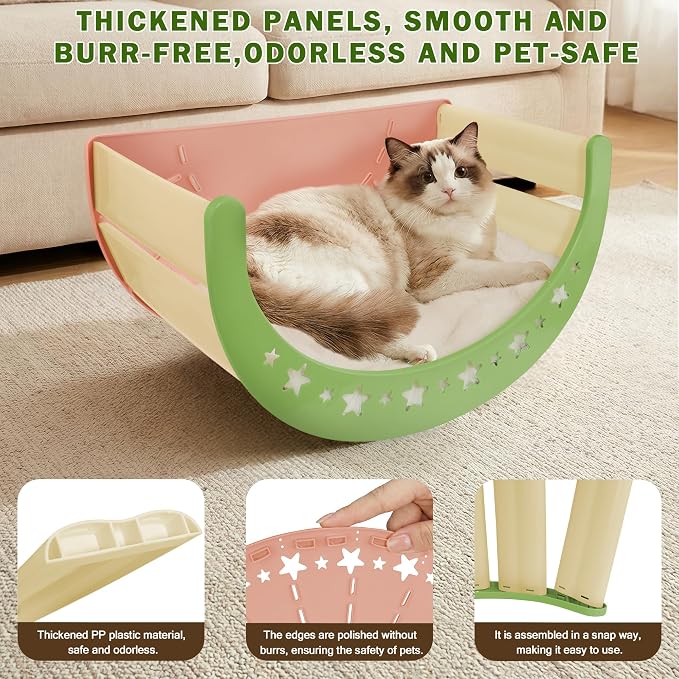 3-in-1 Crescent Elevated Cat Bed with Removable Sisal Scratcher & Soft Fleece Mat, Rocking Cat Hammock Lounge for Indoor Cats, Kittens & Small Animals, Pink