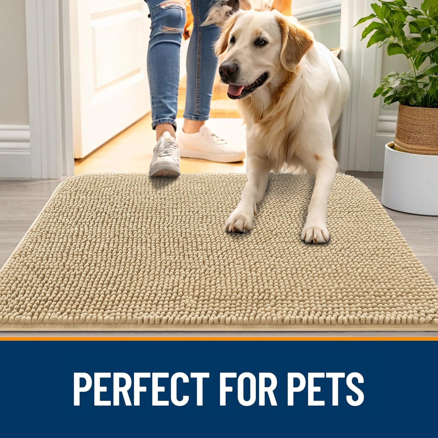 OLANLY Dog Door Mat for Muddy Paws 47x17, Absorbs Moisture and Dirt, Absorbent Non-Slip Washable Doormat, Quick Dry Chenille Mud Mat for Dogs, Entry Indoor Entryway Carpet for Inside Floor, Beige