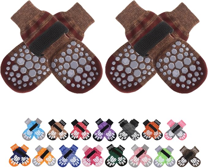 PUPTECK Anti-Slip Dog Socks with Double Sides for Small Medium Large Dogs Hardwood Floors Prevents Licking, Dog Shoes for Hot Pavement Traction Control Paw Protector for Senior Dogs, Striped Brown M