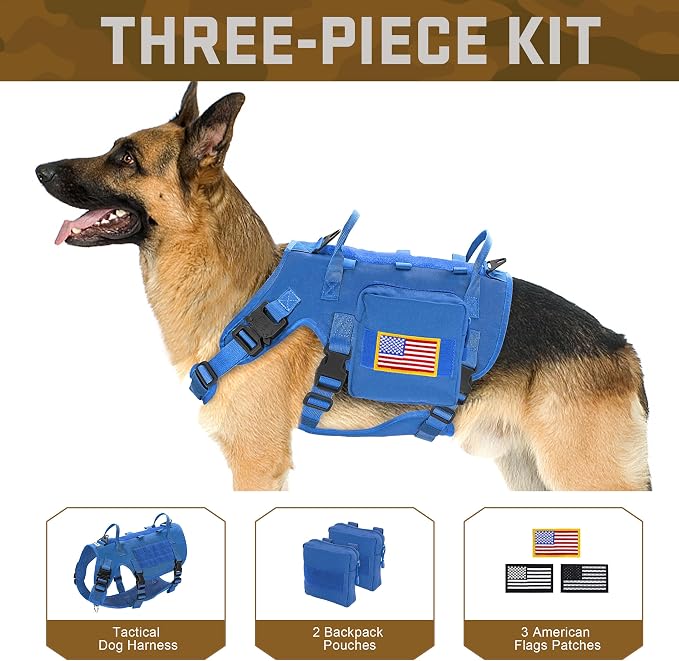 Forestpaw Tactical Dog Harness Pouches and Patches Set,M,Blue | Adjustable Fits 22-35" Chest,30-80 lbs,No Pull Military Style Service Dog Vest for Daily Walking Training,Medium Dogs