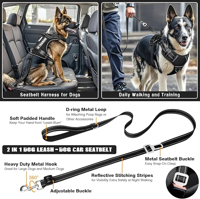 Tactical Dog Harness and Leash Set for Large Dogs+10 Dog Patches | Heavy Duty No Pull Service Dog Vest with Dog Seat Belt,Padded Handles,Adjustable Reflective for Training Hiking Black L