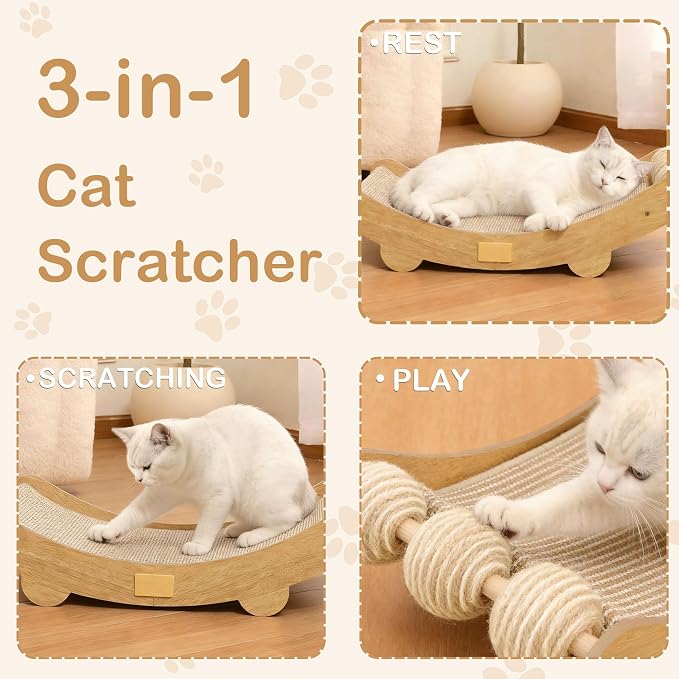 DWCN 3-in-1 Large Cat Scratcher Bed Hammock Lounge Scratching Post Scratch Pad with 3 Natural Sisal Balls - Furniture Protector Gift for Indoor Cats